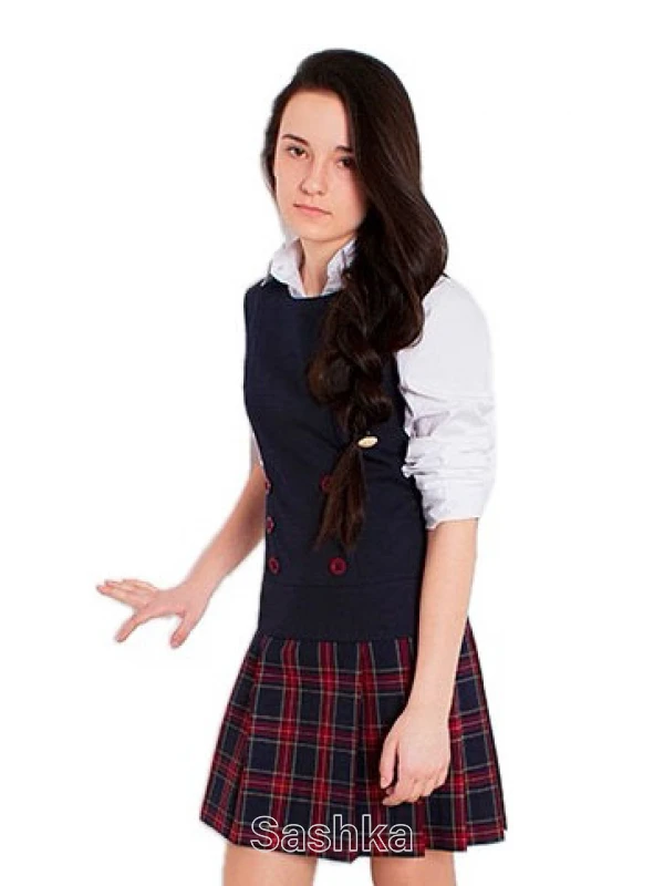 Сарафан для дівчинки-підлітка шкільний синій з клітинкою (напіввовна)